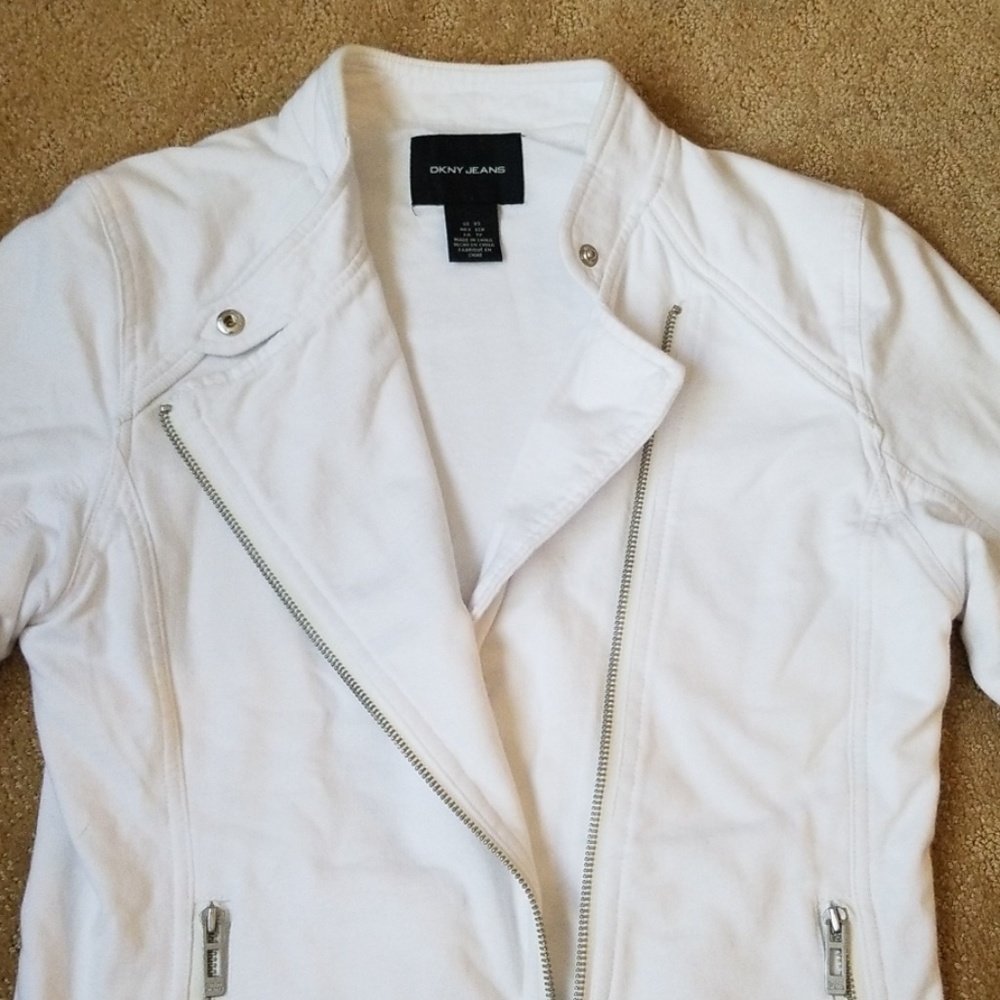 DKNY Clean, white cotton moto-style jacket XS, But Fits Like a Small